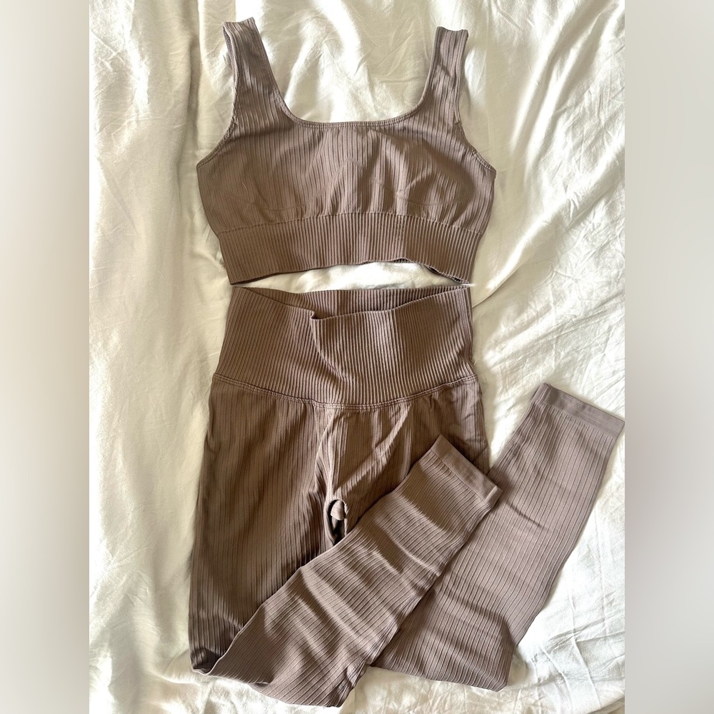 Ribbed seamless crop tank high waist leggings workout set - taupe
